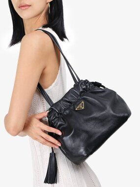 $3250 Prada Black Leather Drawstring Tassel Bucket Shoulder Bag